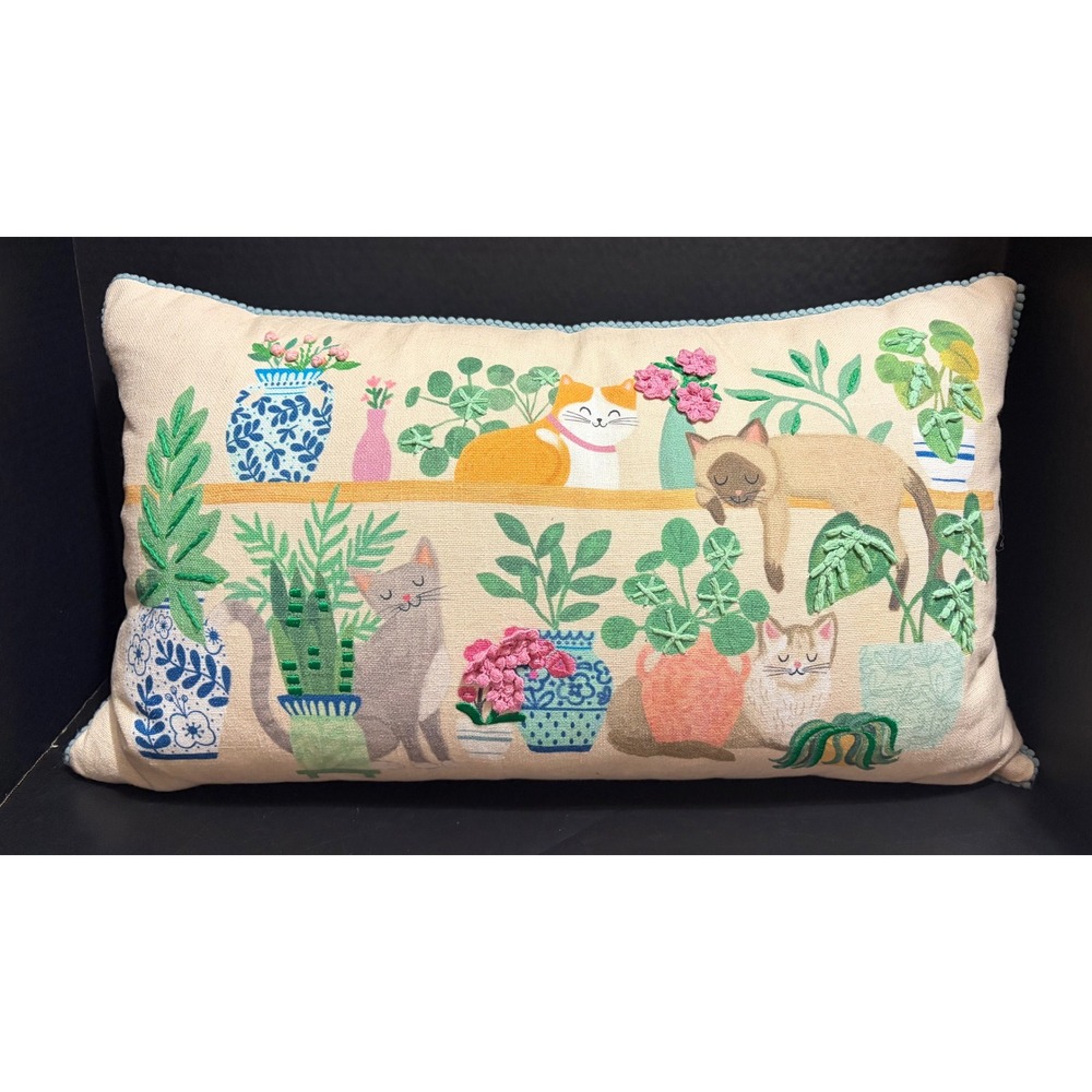 Humane World for Animals Cats & Plants Novelty Lumbar Throw Pillow Pom Pom Trim